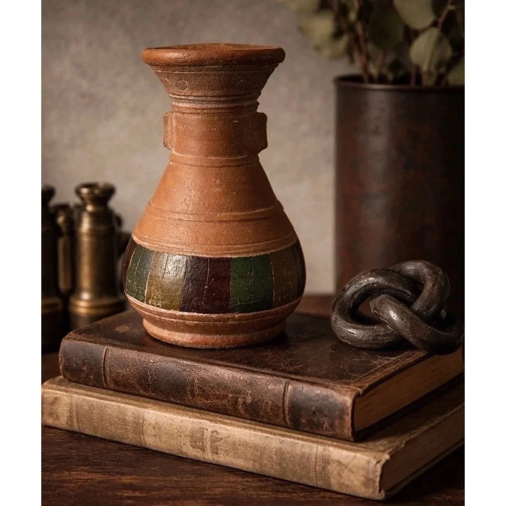 Vintage Ceramic Pottery Art Handmade Vase Colorful Teal Green, Purple, Brown